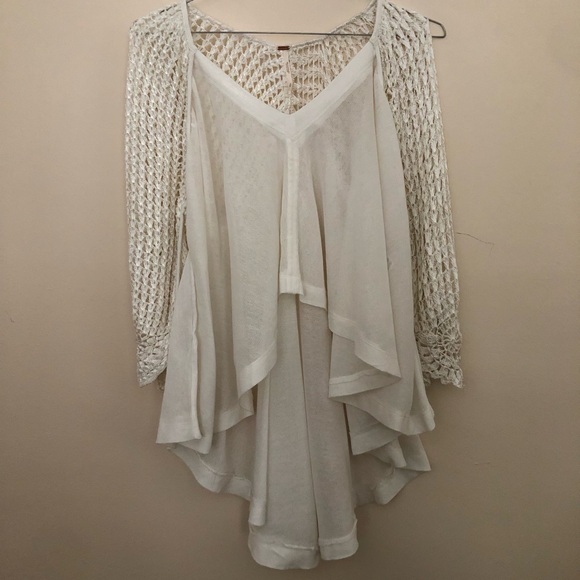 BEAUTIFUL Free People Castaway crochet sleeve top ivory women’s small oversized - Picture 6 of 13